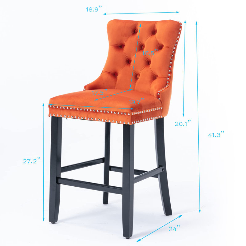 Tabouret de bar rembourré en velours avec dossier capitonné, Orange, Gris, 6