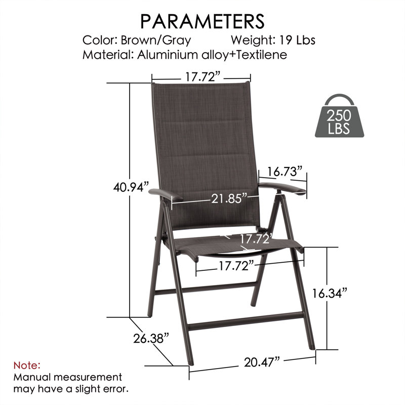Kozyard 2-Piece Outdoor Patio Dining Chairs, Folding Reclining Patio Chairs with Padded Textilene Seat, Aluminum Frame, Foldable Outdoor Chairs for Garden, Balcony, Backyard, Brown