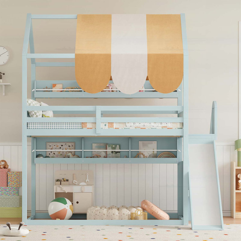 Lit superposé double avec auvent, glissade et bibliothèque intégrée pour enfants et adolescents, Vert clair