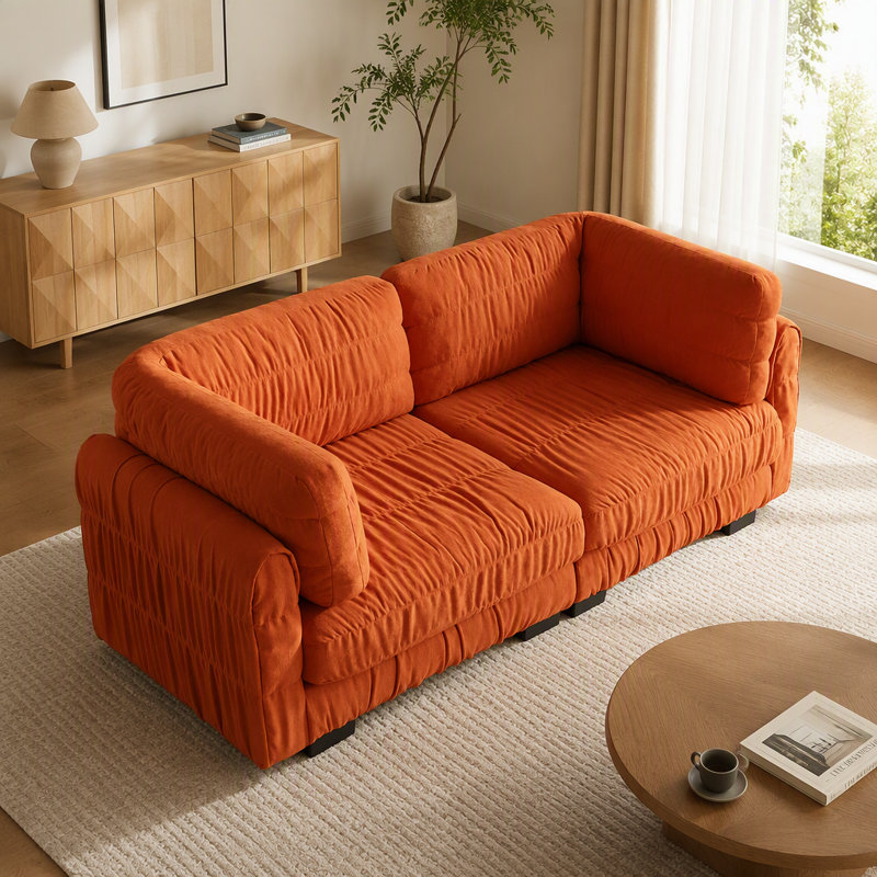 Canapé d'angle modulaire deux places en chenille à détails froncés, mousse haute densité, coussins de dossier épais en forme de L, montage facile, pour salon ou chambre, orange