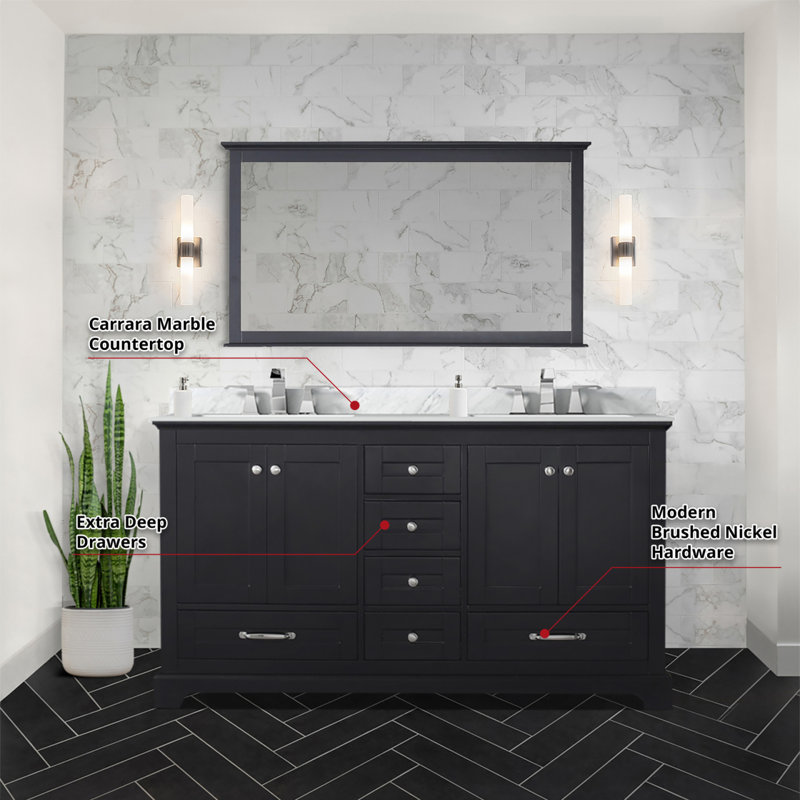 Meuble-lavabo double espresso 60 po X P 22 po D, dessus en marbre de Carrare et ensemble de robinet, Espresso
