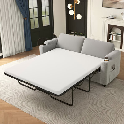 72.8" Corduroy Sleeper Sofa Loveseat Sofa With Full Size Mattress, Two USB Ports, Two Cup Holders, Two Side Pockets And A Phone Holder For Living Room