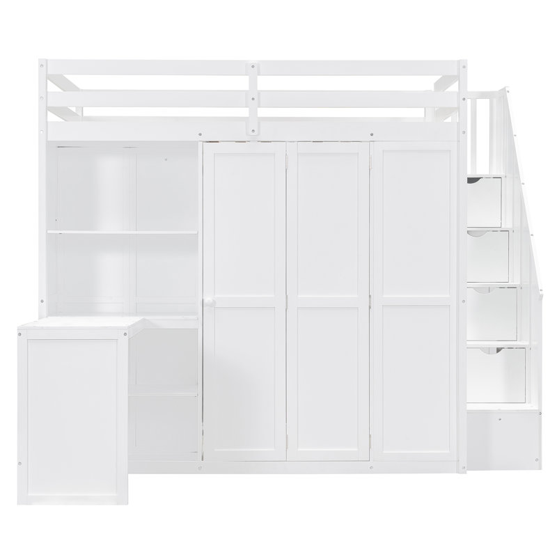 Lit mezzanine double avec armoire, bureau et tablettes, blanc, Blanc