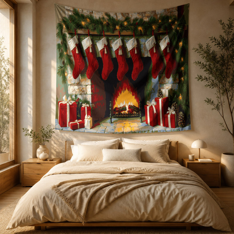 Tapisserie murale de Noël avec foyer de Noël, 88 po x 104 po