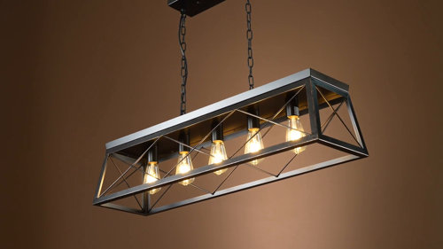 thumbnail image 2 of 5-Light Black & Gold Linear Chandelier - Industrial Farmhouse Pendant For Kitchen Island, Dining Room, Game Room 2 of 14