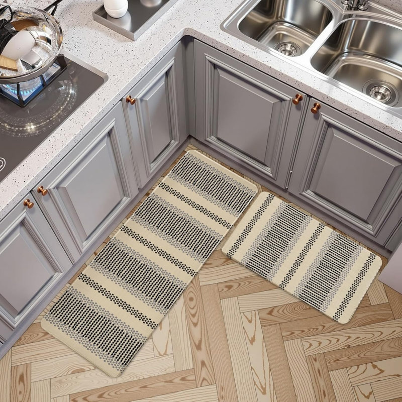 Ensemble de 2 tapis géométriques à motif géométrique pour la cuisine et le salon, beige et noir