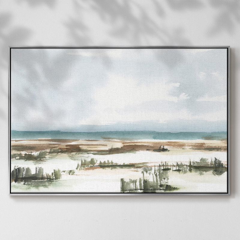 «Coastal Wetlands Watercolor I», toile encadrée de qualité supérieure - prête à être accrochée, Toile avec cadre argenté