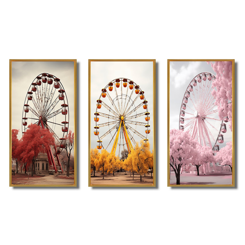 «Red Ferris Wheel Whirling Memories», 3 pièces sur toile, Encadrement doré, H 32 po x l 48 po