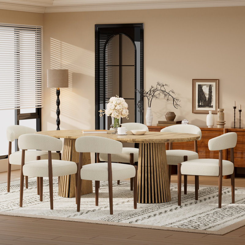 Ensemble de salle à manger extensible en bois avec 4 à 6 chaises rembourrées en tissu bouclé, table ovale ou ronde convertible