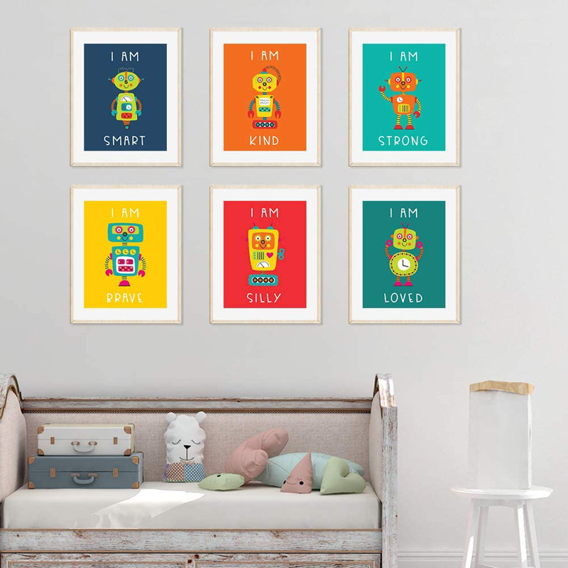 Ensemble de 6 impressions sur papier Winkfield Bright Colorful Robots with Gears