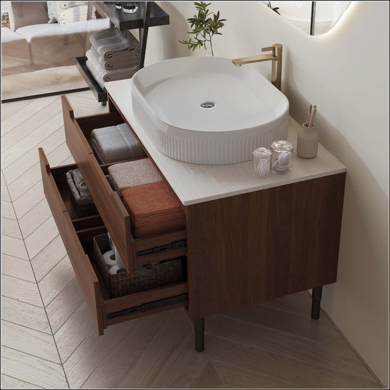Meuble-lavabo 36 po 2-en-1 avec lavabo intégré en céramique, Noyer