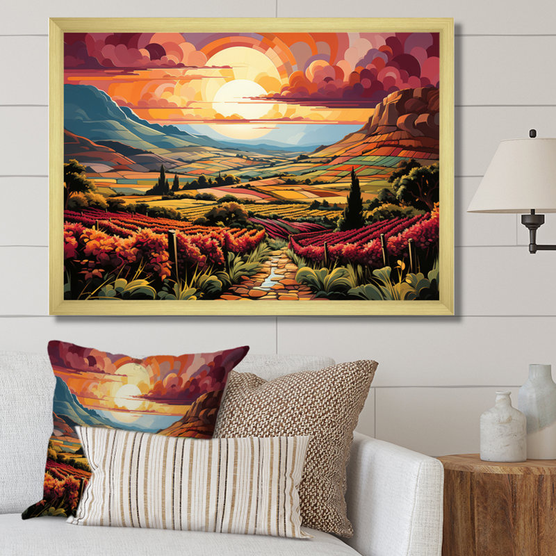" Vineyard Sunset Rows Of Ruby Landscape II ", 30" H x 40" W x 1.5" D, Gold Single Picture Frame