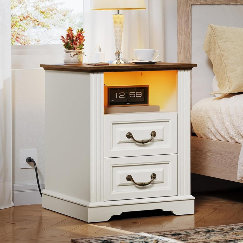 Farmhouse 2-Drawer End Tables, 17.7" Wide Nightstand with Charging Station & LED Light, White/Walnut