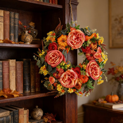Couronnes d'automne de 17,7 pouces pour décor de porte d'entrée, couronne d'automne rustique à la campagne, couronnes artificielles avec couronne de pivoines et de citrouilles pour porche de fenêtre murale intérieur extérieur