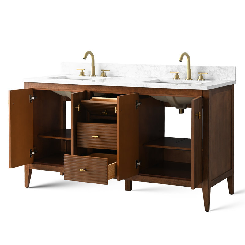 Ensemble de meuble-lavabo double 60 po, Doré brossé, Noyer linéaire