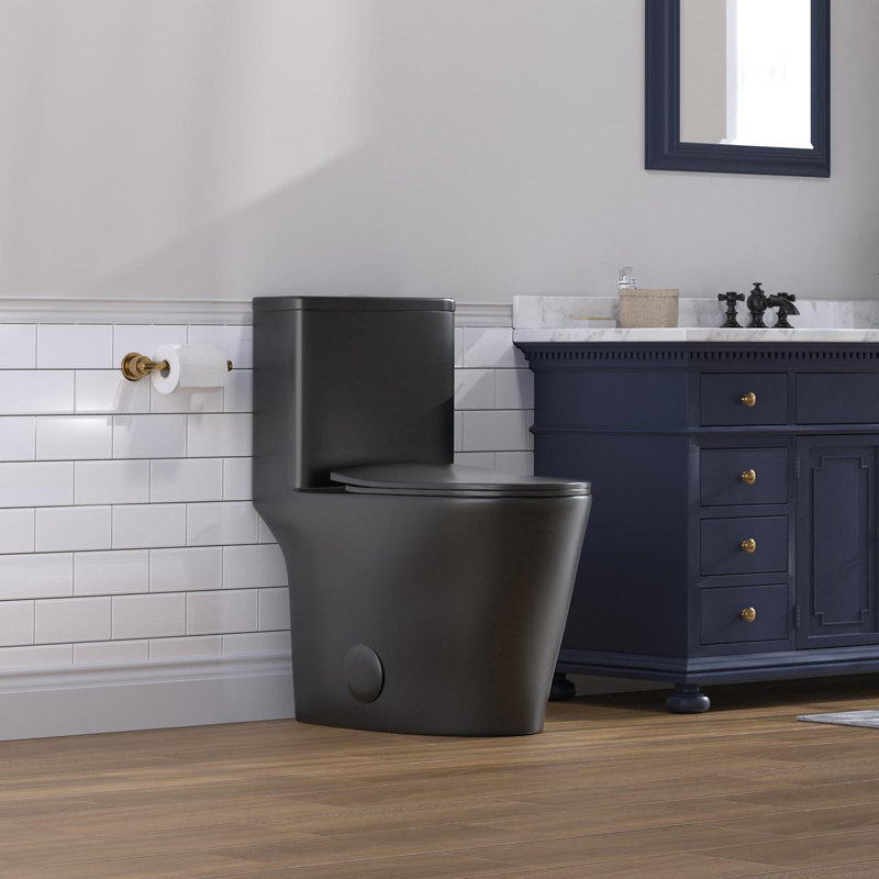 17.3＂Modern One-Piece Toilet with Powerful Dual Flush, Elongated Skirted Bathroom Toilet, Map 1000g, Black