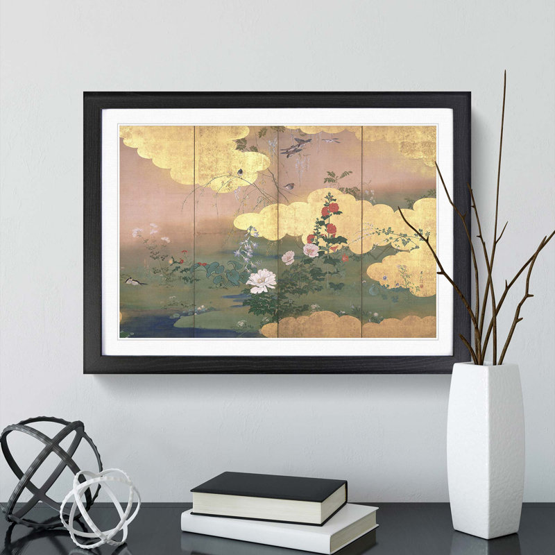 Flowers and Birds of the Four Seasons by Shibata Zeshin - Picture Frame Painting Print, 36cm H x 48cm W x 2cm D, Black Framed