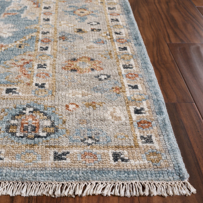 Tapis oriental en laine / coton noué à la main Samarkand bleu clair / sauge / brun, Rectangulaire 2 pi x 3 pi