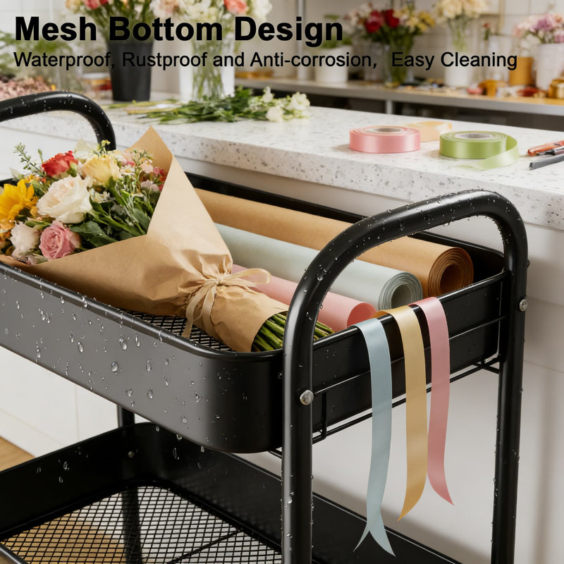 Chariot utilitaire roulant à 3 niveaux avec roues, paniers de rangement, crochets et tasses - Organisateur en métal robuste pour la cuisine, le garde-manger, la salle de bain et la maison