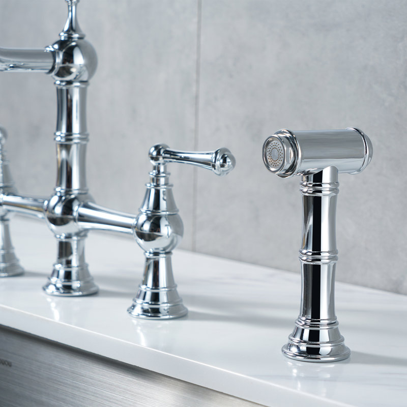 Heritage Brass Bridge Kitchen Faucet with Sprayer, 4 Hole Kitchen Faucet 2 Handle, 8 Inch Centerset Faucet for Kitchen Sinks