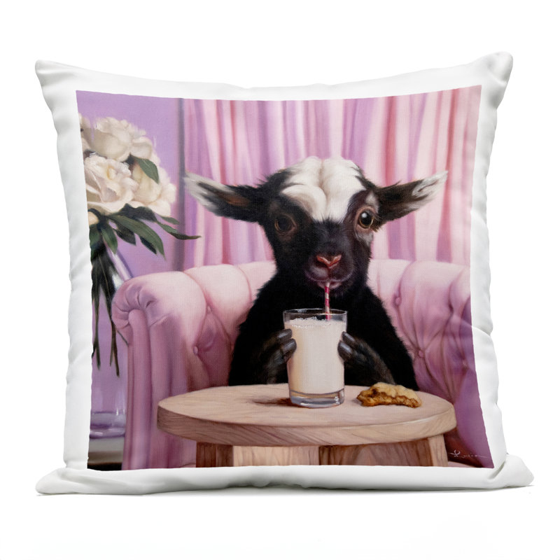 Baby Goat Sipping Milk Outdoor Printed Pillow design by Lucia Heffernan