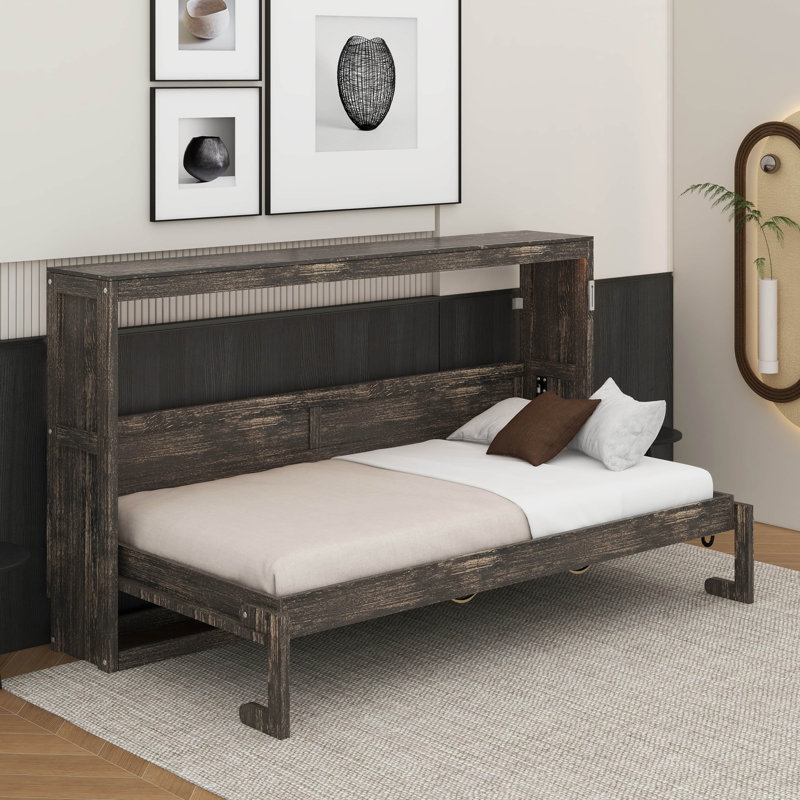 Lit escamotable simple avec lumière DEL, peut être plié dans une armoire, Brun