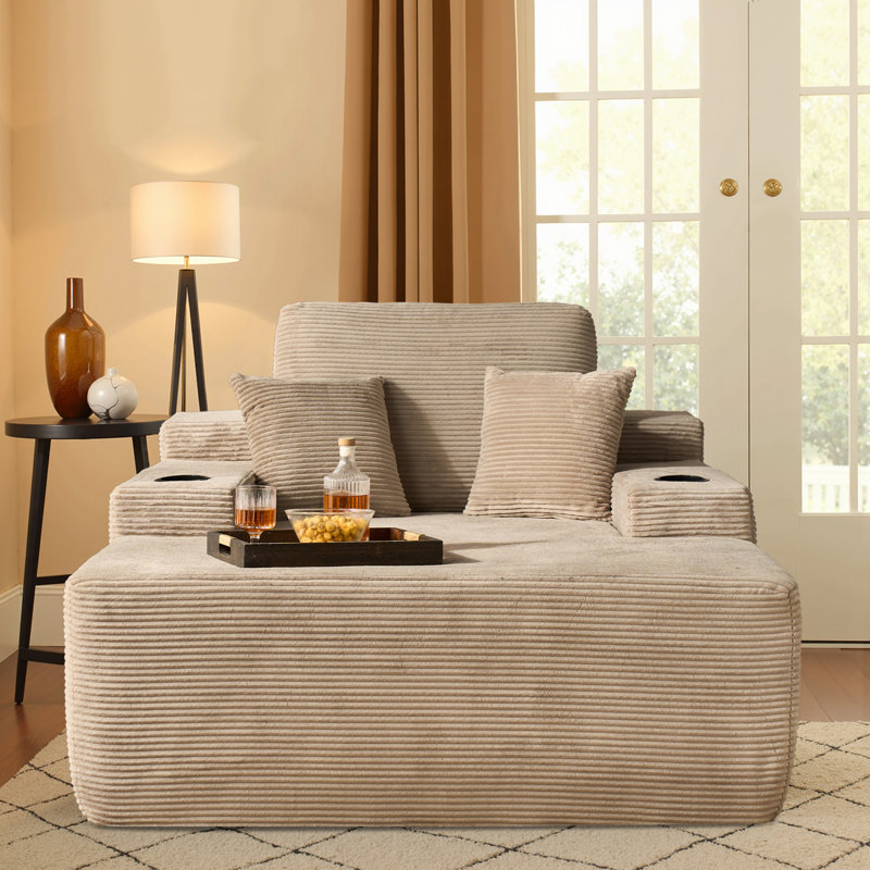48.42'' Wide Oversized Upholstered Chaise Lounge Chair With Armrests, Pillows, And Cup Holder – No Assembly Required