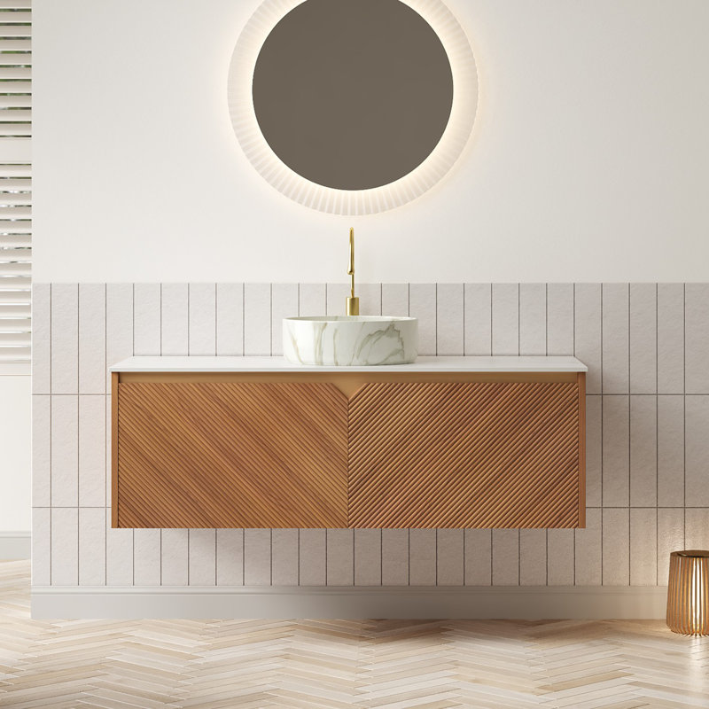 Ruben 48" Bathroom Vanity&sink, Floating Plywood Storage Cabinet, Twill Double Doors With Metal Trim, Stone Pattern White Round Ceramic Vessel Basin&sintered Stone Top, Corolla Oak Woodgrain Color 