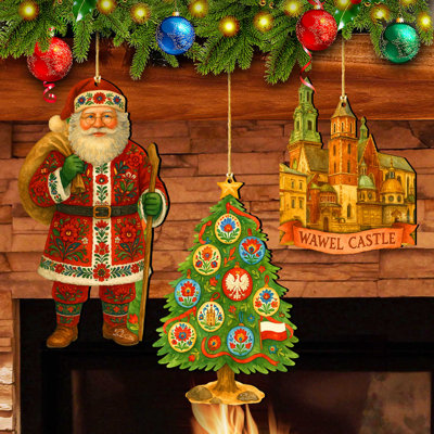 Polish-Inspired Santa Christmas Wooden Ornament Set Of 3 By G.Debrekht