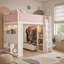 Lit mezzanine en bois massif avec barrières de sécurité en similicuir, armoire, tiroirs, étagères et éclairage DEL d'ambiance, blanc-60429925-60429924