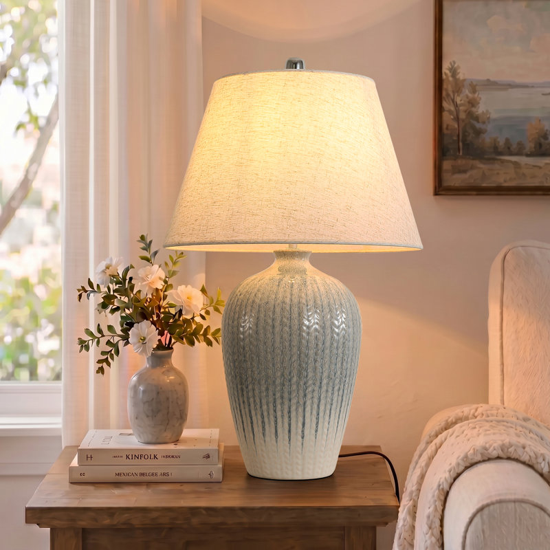 26 po Lampe de table moderne en céramique avec abat-jour en lin pour bureau de chambre à coucher