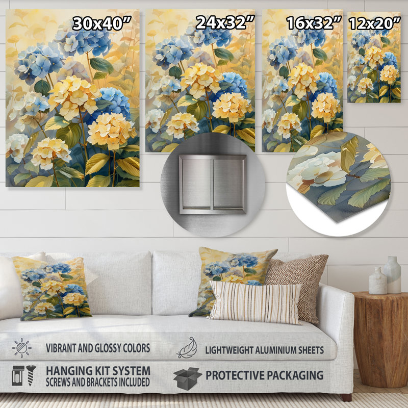 Impression d'art mural bleu et jaune, Sans cadre, métal, H 24 po x l 32 po