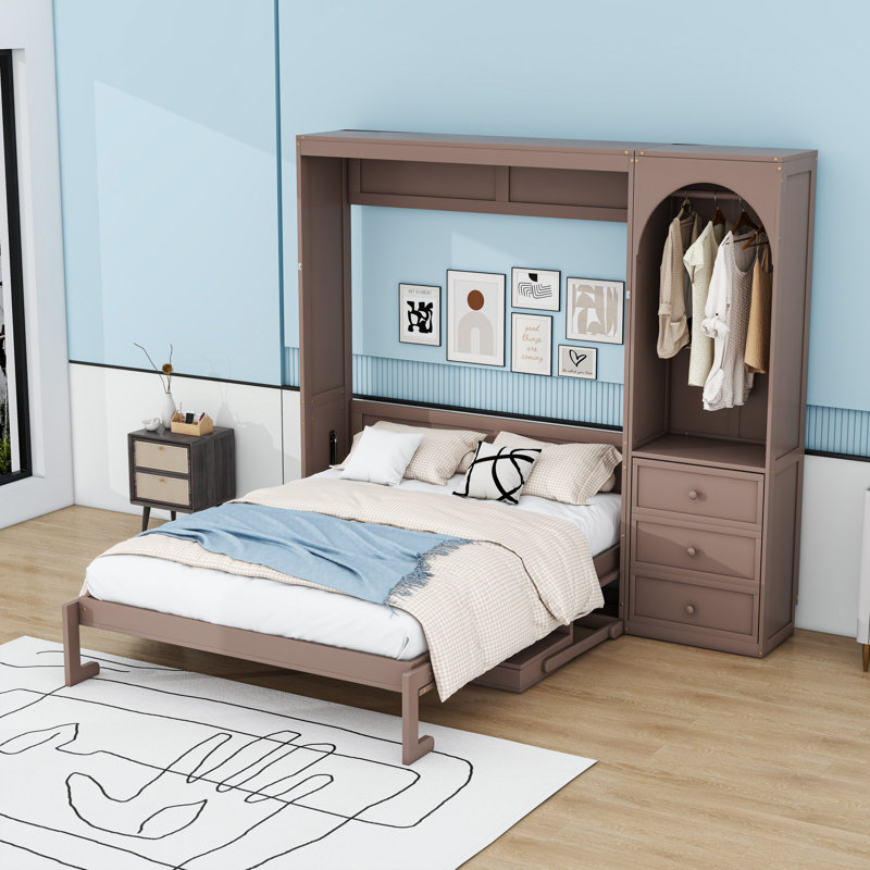 Lit escamotable avec tablette de rangement, tringle à DEL, 3 tiroirs et bureau, Brun