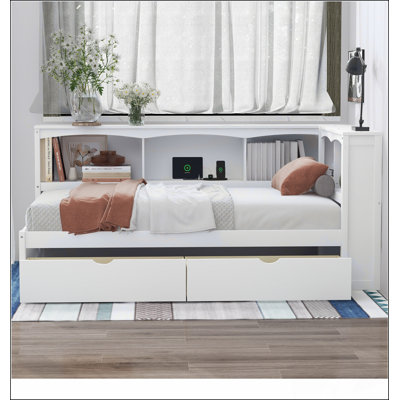 Twin Size Daybed With Two Storage Drawers, Storage Cabinets And USB Ports, White
