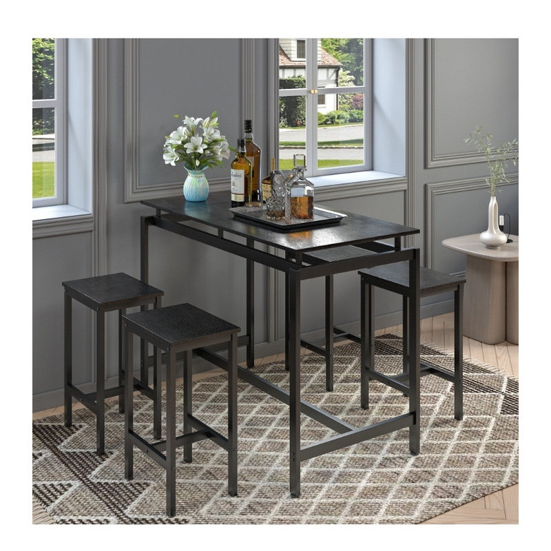 5-Piece Black Pub Table Set—Counter Height, Table + 4 Bar Stools, Compact for Kitchen/Breakfast Nook/Small Space, Black