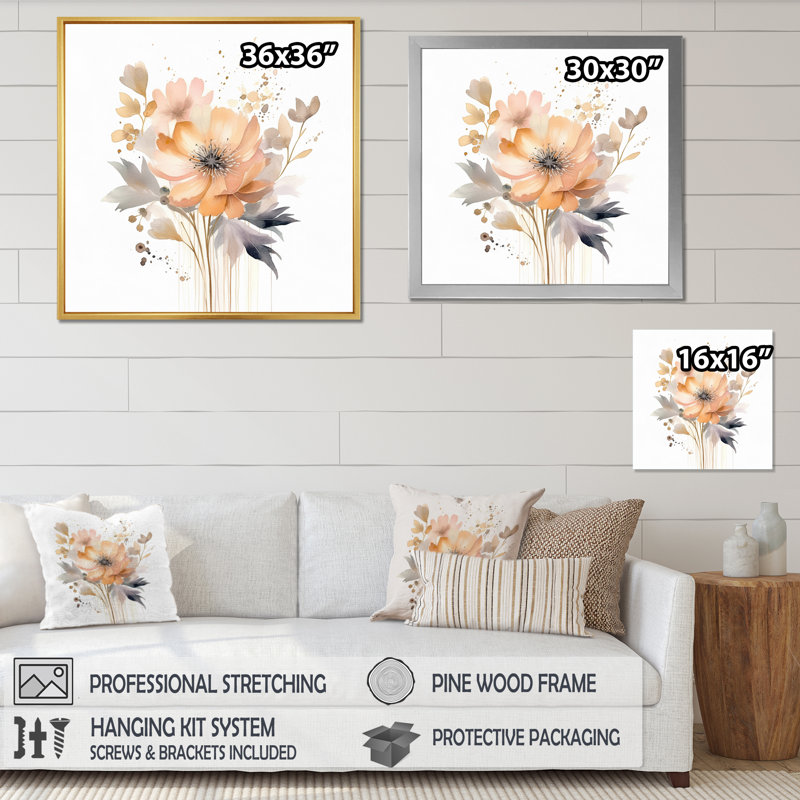 Corail, beige, pré, fleurs sauvages II, H 36 po x l 36 po x P 1,5 po, Cadre photo noir