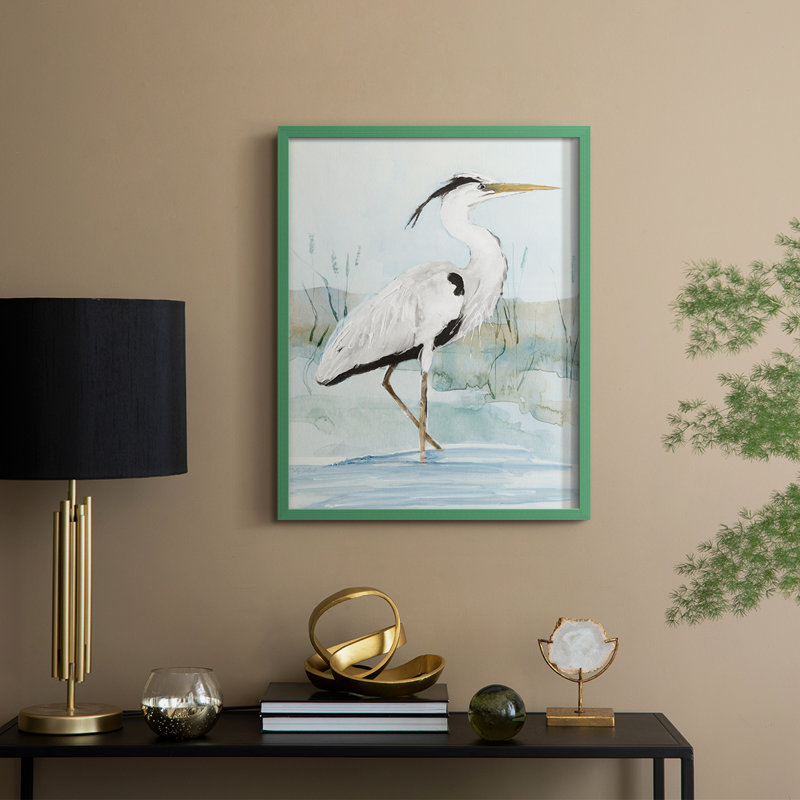 Heron on Blue I, reproduction encadrée - bois massif, Vert, H 11 po x l 9 po