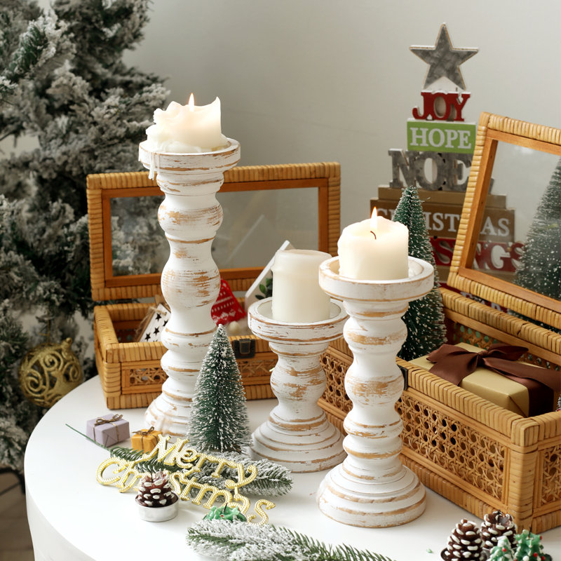 3-Piece Distressed White Wood Candle Holder Set – Rustic Farmhouse Pillar Candle Stands in 3 Heights for Living Room, Dining Table, and Home Decor