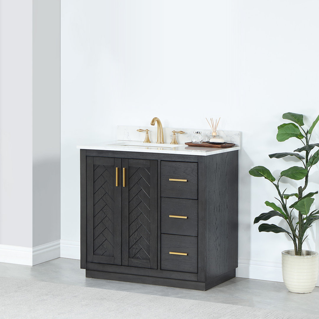 Gazsi 36" Single Bathroom Vanity Set with Grain White Engineered Stone Countertop without Mirror Rosdorf Park Base Finish: Brown Oak