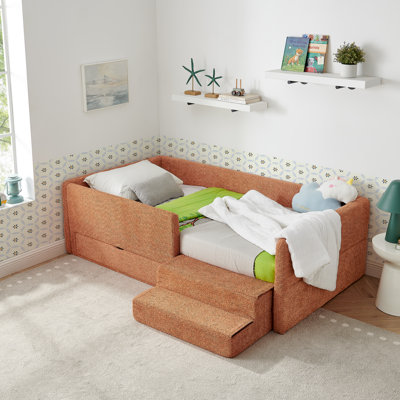 Lit simple multifonctionnel pour enfant avec garde-corps et rangement, lit simple avec marchepied de sécurité et tissu Boucle (80,5 po x 44,5 po x 23 po)