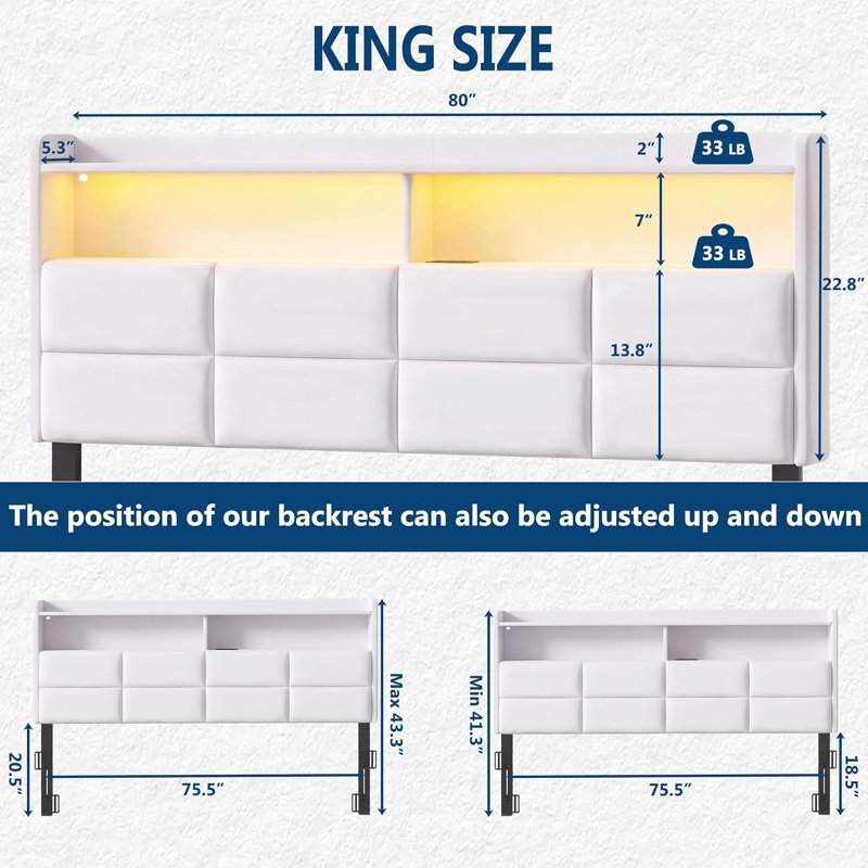 Tête de lit King Size seulement avec rangement à 2 niveaux et station de recharge, blanche, Velours blanc très grand