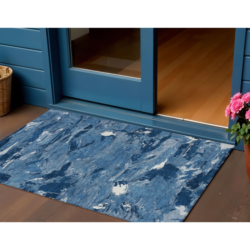 3' X 5' Navy Blue And Blue Abstract Washable Indoor Outdoor Area Rug