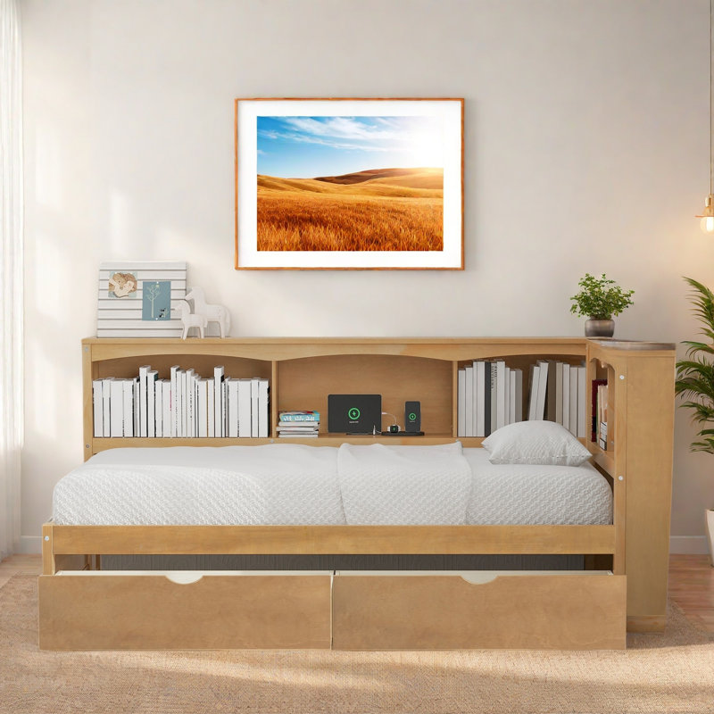 Daybed With Two Storage Drawers, 5 Built-in Cabinets And Usb Ports, Natural