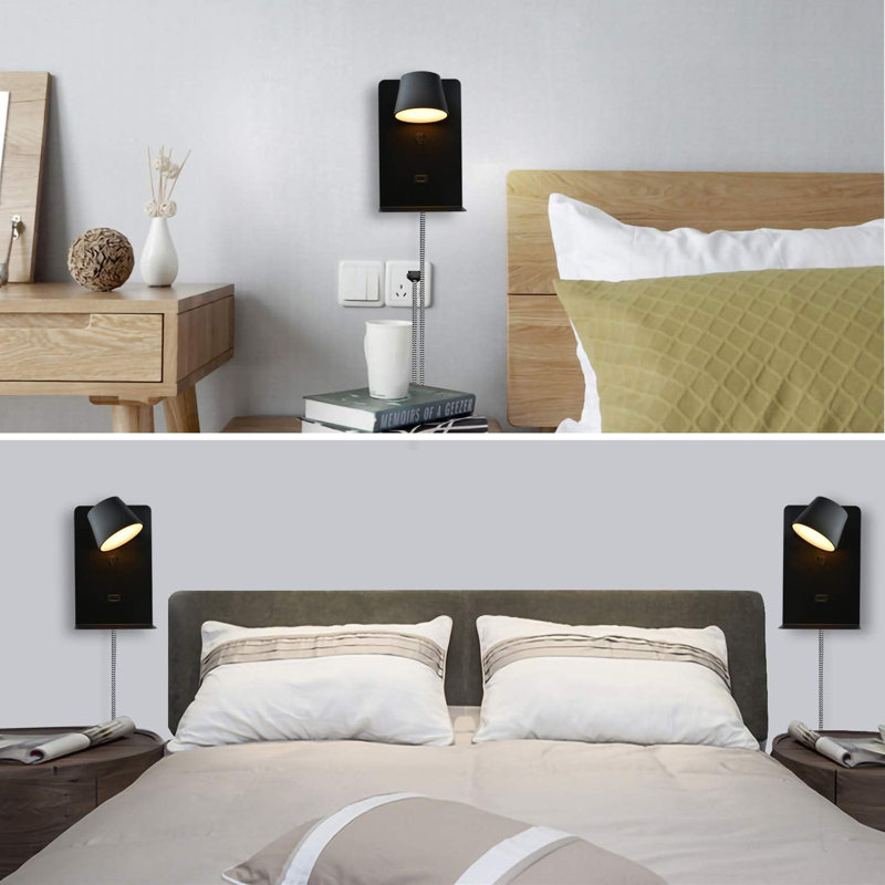 Bedside Wall Lamp With LED Reading Light, USB Charging Port, And Shelves - Industrial Design
