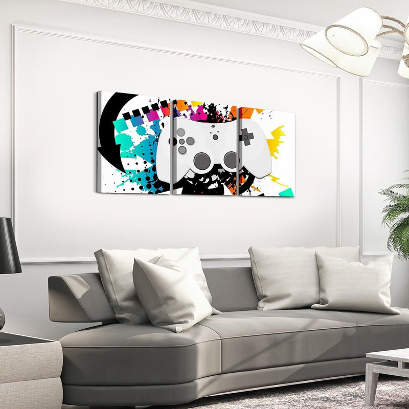 Gaming Console 3 Piece Canvas Wall Art Watercolor Gamer Paintings Wall Decor 16" L x 12" W Each,Game Controller Office Wall Artwork Posters