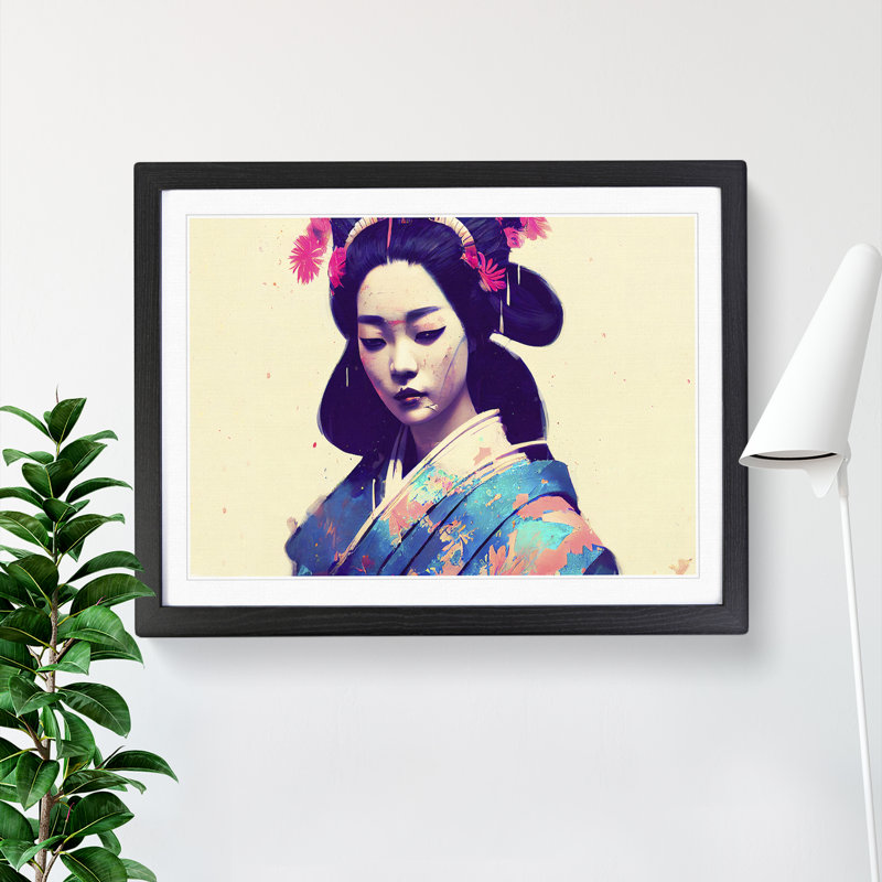 Colourful Geisha Vol.1 - Single Picture Frame Painting, 25cm H x 34cm W x 2cm D, Black Framed