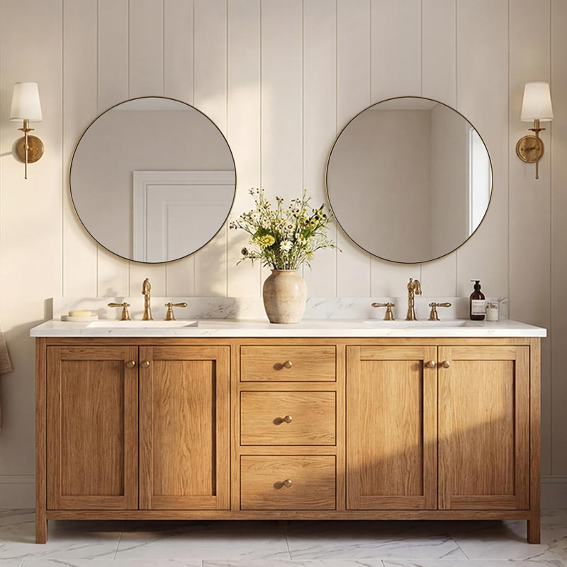 Miroir de salle de bain Kaitlee Cadre en acier inoxydable, 32 po x 32 po, Or brossé, Round