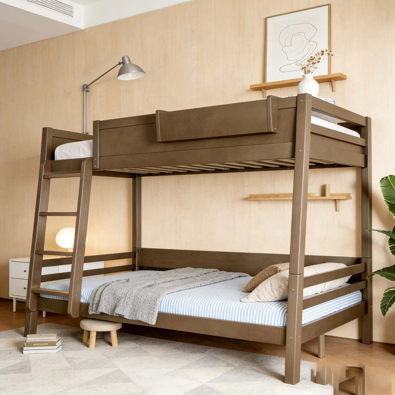 Bunk Bed With Storage Shelf and Bookshelf,Wood Bunk Bed with Ladder and Guardrails, Full, Brown