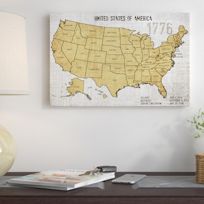 Carte des États-Unis, impression sur toile tendue, H 18 po x l 26 po x P 1,5 po, Toile avec cadre noir, Pas de tapis