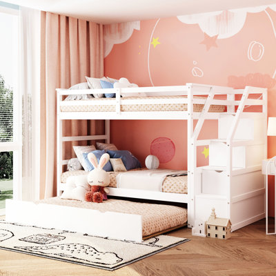 White Twintwin Bunk Bed With Trundle And 3 Storage Stairs - Provides A Safe Comfortable Sleeping Arrangement , Space For ' Bedrooms